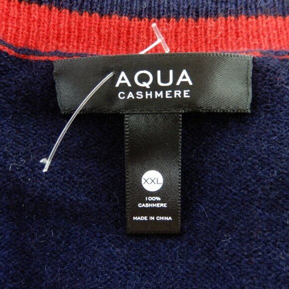 AQUA 100% Cashmere Stripe Trim Novelty Button Cardigan Sweater XXL Navy Red NEW - Picture 5 of 11